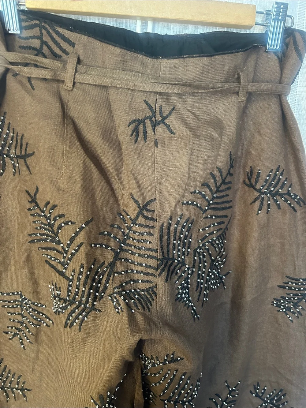 ZARA Brown Embellished Paperbag Waist Wide-Leg Pants